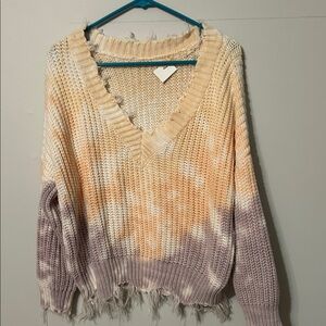Main Strip V-Neck Sweater in Cream, peach and Purple. Size medium.
